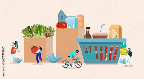 Flat illustration. Big basket concept with spring onions, juice, milk, bread, vegetables, fruit, meat, tomato, vegetarian. which are bought from markets, grocery stores, supermarkets, various stores.