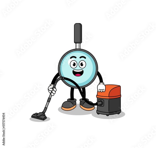 Character mascot of magnifying glass holding vacuum cleaner