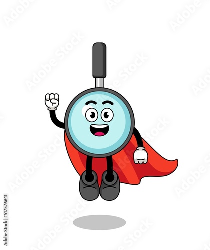 magnifying glass cartoon with flying superhero