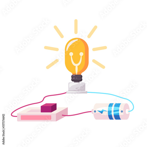 Electrical circuit design of light bulb lamp battery and switch connected with cable illustration