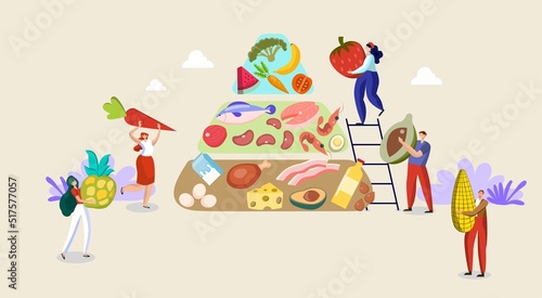 Flat illustration. The concept of eating the five food groups with good nutrition. Will make healthy vegetables, meat, fruits that are low in cholesterol and calories.