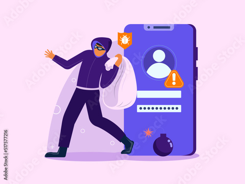 Flat illustration. Hacker identity theft concept. Crime, spam, spyware that unlocks computer security. can access the account code.