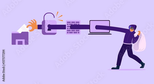 Flat illustration. Hacker identity theft concept. Crime, spam, spyware that unlocks computer security. can access the account code.