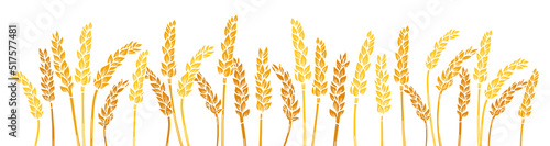 Wheat ear gold engraved border background. Agricultural silhouette press, golden flour production. Cereals ripe spike frame horizontal pattern. Design template farm stencil, organic bread, beer vector