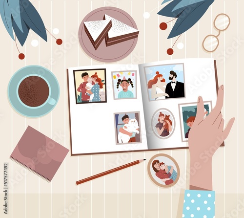 Family photo album. Womans hand turns pages of book with photographs. Happy bright memory of best moments. Wedding, birth of child, photo with domestic animals. Cartoon flat vector illustration