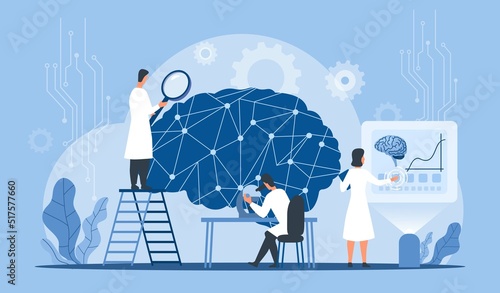 Neural network research. Men and women study brain, modern technologies and innovations. Scientists in laboratory with magnifying glass. Biology and anatomy. Cartoon flat vector illustration