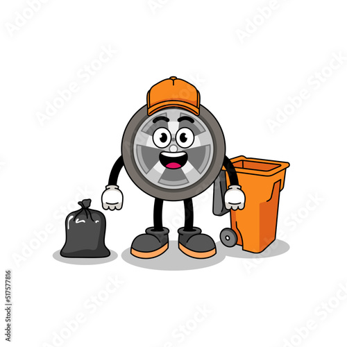 Illustration of car wheel cartoon as a garbage collector