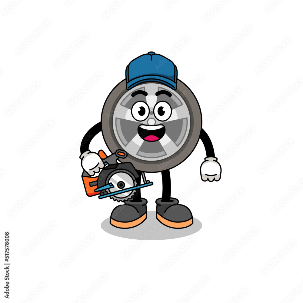 Cartoon Illustration of car wheel as a woodworker Cartoon Illustration of car wheel as a woodworker