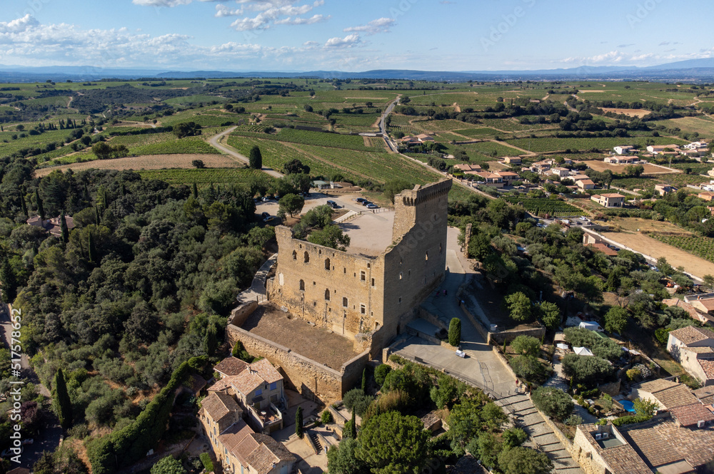 Aerial vIew on medieval buildings and vineyards in sunny day, vacation destination wine making village Chateauneuf-du-pape in Provence, France