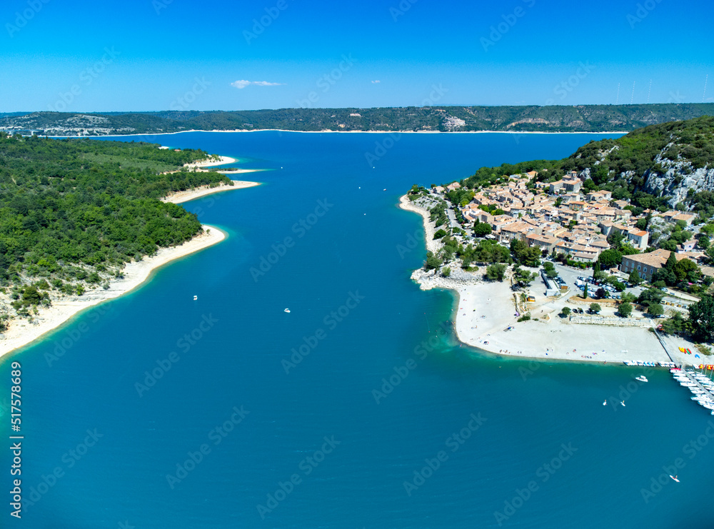Aerial view on blue lake Sainte-Croix-du-Verdon and villages on cliffs, tourists destination in France