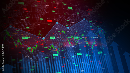 Business Stock Market, Digital Data Financial Investment. Financial Diagram With Charts Stock Numbers, Recession Global Market Crisis Inflation Deflation Investment Background. 3d rendering