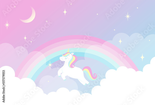 vector background with a rainbow unicorn in cloudy sky for banners, cards, flyers, social media wallpapers, etc.