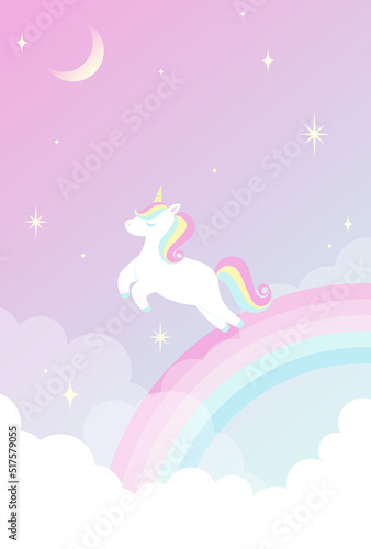 vector background with a rainbow unicorn in cloudy sky for banners, cards, flyers, social media wallpapers, etc.