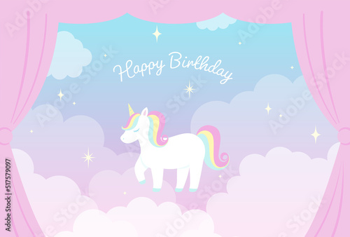 vector background with a rainbow unicorn in cloudy sky for banners, cards, flyers, social media wallpapers, etc.