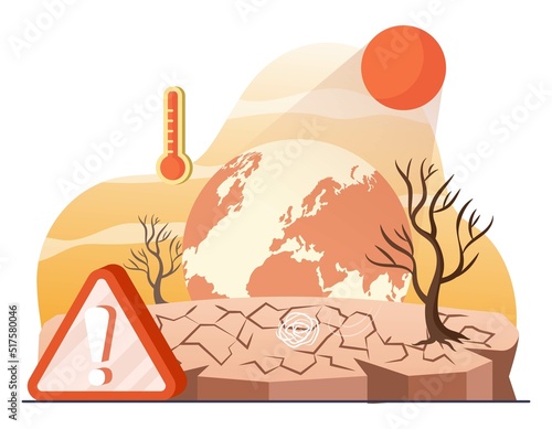 Concept of drought. Soil and plant growth problems due to heat anomalies. Nature and environment troubles, climate change, global problems and extreme weather. Cartoon flat vector illustration