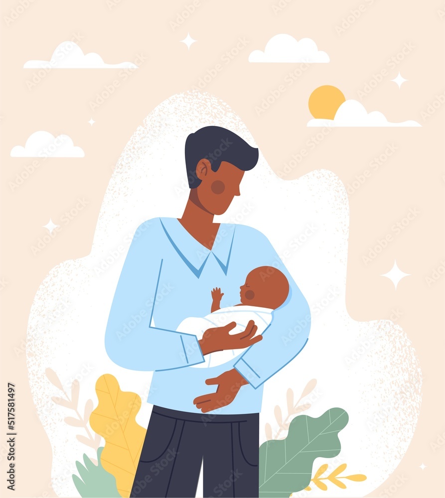 Father and baby. Man holds small child in his arms. Metaphor of parenthood, love, support and care. Greeting postcard for fathers day, international holidays. Cartoon flat vector illustration