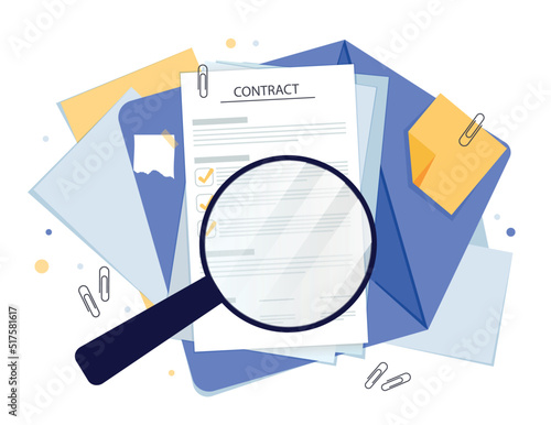 File searching concept. Magnifying glass lies on documents. Metaphor of paperwork, searching for information and collecting statistics. Lawyers study contract. Cartoon flat vector illustration