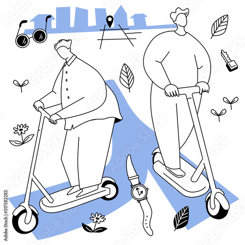 A vector illustration of two men running on a kickboard in the city.
