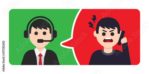Angry customer with hotline center character in flat design. Vector illustration