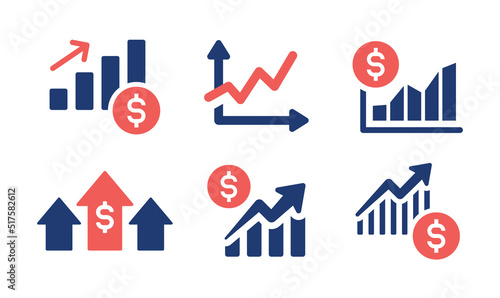 Inflation icon vector set. Dollar chart and graph rise up, cost price increase symbol illustration.