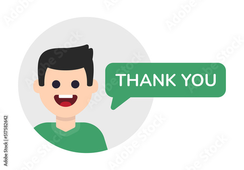 Thank you message with happy man character in flat design illustration. Man saying thanks vector icon avatar.