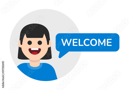 Welcome message with happy woman character in flat design illustration. Greeting and welcoming girl vector icon avatar.