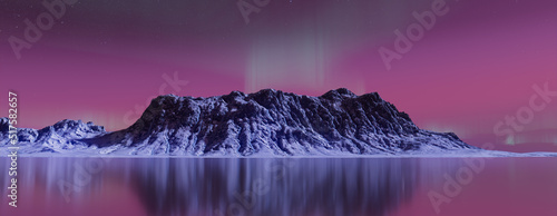 Magenta Aurora Borealis over Snow covered Landscape. Magical Northern Lights Wallpaper with copy-space.