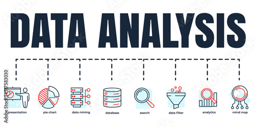 Data analysis banner web icon set. analytics, search, data mining, data filter, pie chart, presentation, mind map, database vector illustration concept.