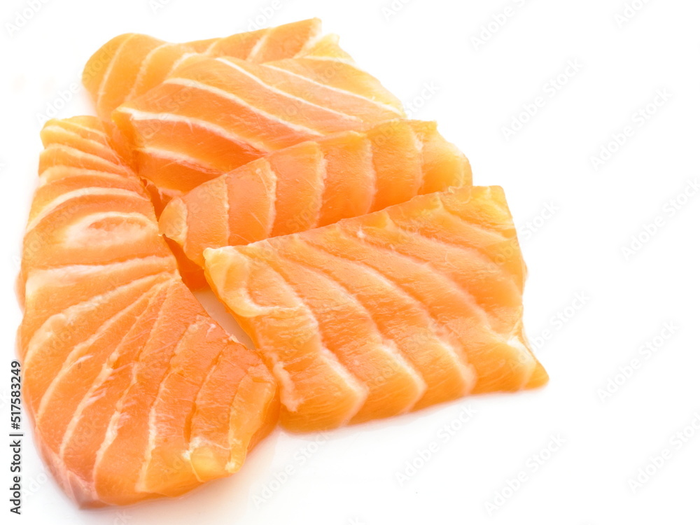 Pieces of fresh salmon slice on white background