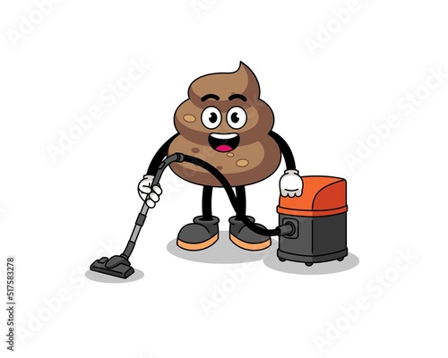 Character mascot of poop holding vacuum cleaner