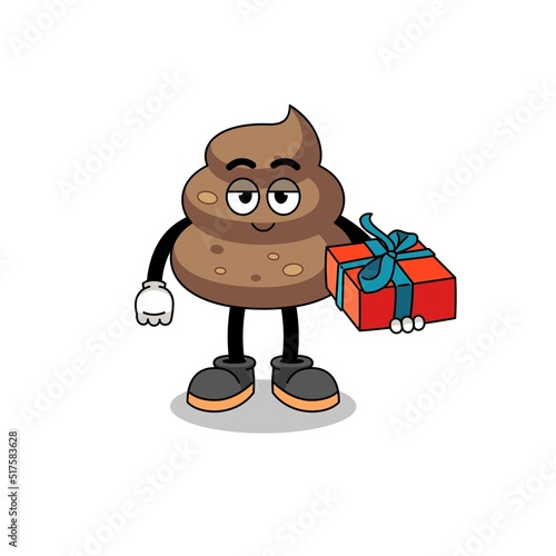 poop mascot illustration giving a gift