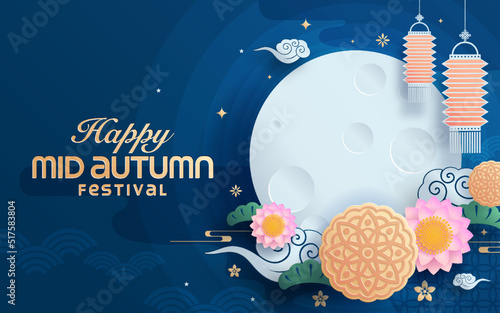 Mid autumn festival paper art style with full moon, moon cake, chinese lantern and rabbits on background.

