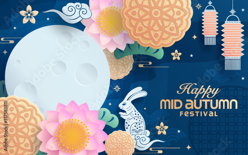 Mid autumn festival paper art style with full moon, moon cake, chinese lantern and rabbits on background.

