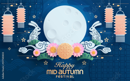 Mid autumn festival paper art style with full moon, moon cake, chinese lantern and rabbits on background.

