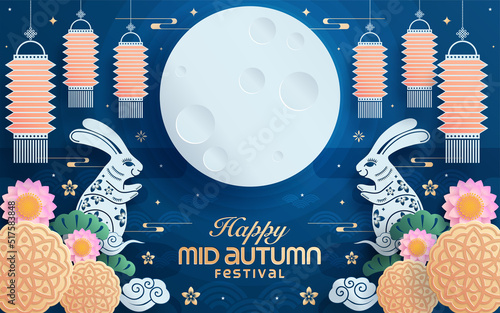 Mid autumn festival paper art style with full moon, moon cake, chinese lantern and rabbits on background.

