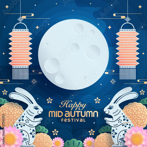 Mid autumn festival paper art style with full moon, moon cake, chinese lantern and rabbits on background.

