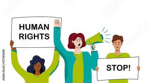 Persons with protest posters and megaphone. Protestantism and demonstration concept. Vector illustration.