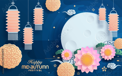 Mid autumn festival paper art style with full moon, moon cake, chinese lantern and rabbits on background.

