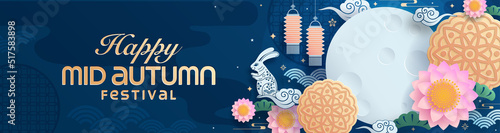 Mid autumn festival paper art style with full moon, moon cake, chinese lantern and rabbits on background.

