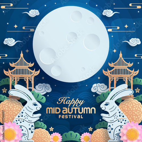 Mid autumn festival paper art style with full moon, moon cake, chinese lantern and rabbits on background.


