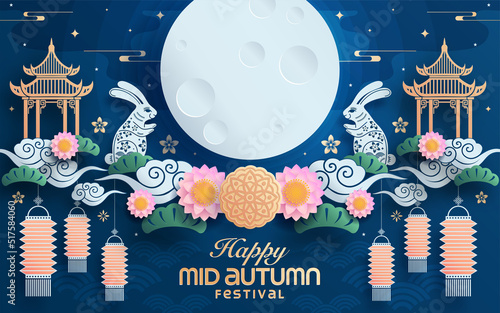 Mid autumn festival paper art style with full moon, moon cake, chinese lantern and rabbits on background.

