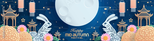 Mid autumn festival paper art style with full moon, moon cake, chinese lantern and rabbits on background.

