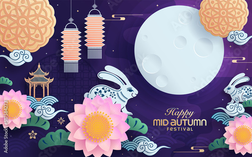 Mid autumn festival paper art style with full moon, moon cake, chinese lantern and rabbits on background.

