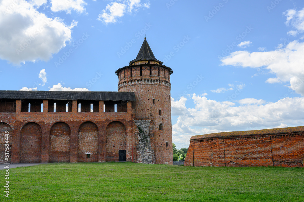 Fragment of the fortress wall and tower of the medieval Kremlin in Kolomna, Russia