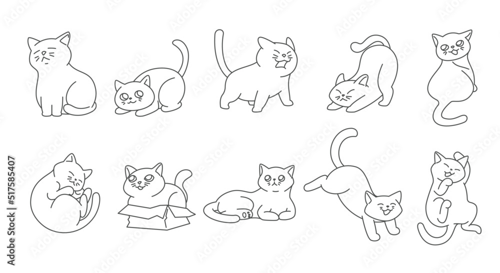 Set of cute funny cats activity such as hiding in the box, hissing, jumping, sleeping etc. Set of cute funny cats activity such as hiding in the box, hissing, jumping, sleeping etc.
