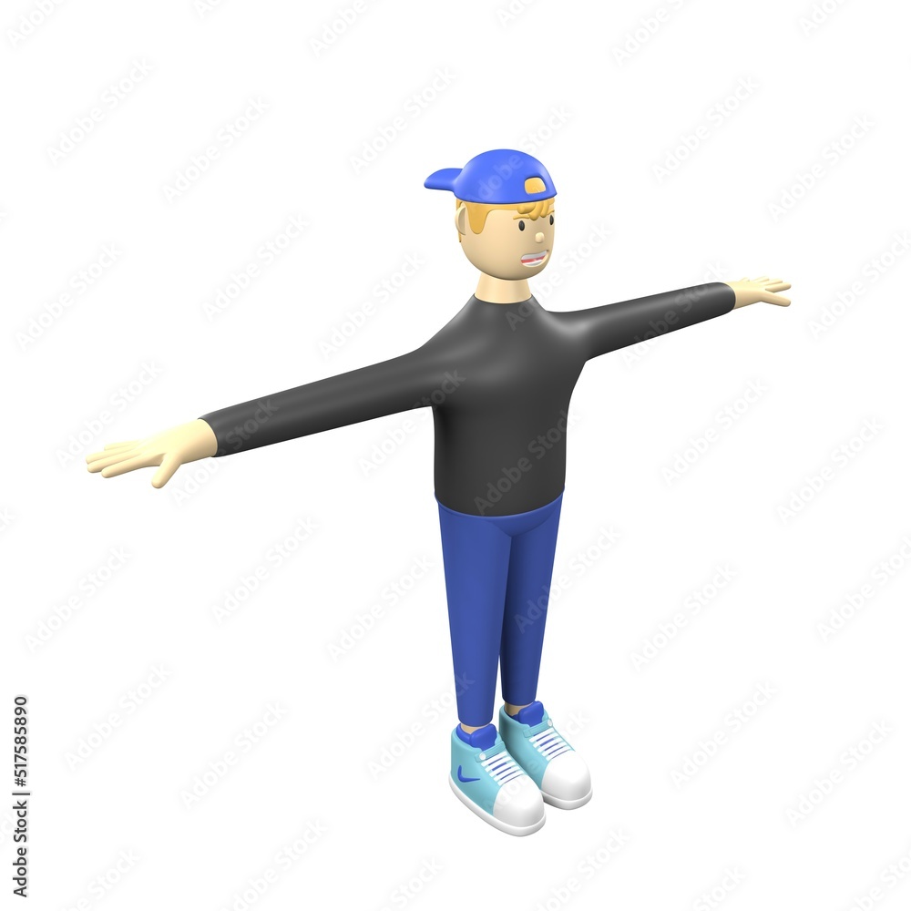 The young man stretched his arms out to the side. Teenagers wear casual fashion clothes: a black long sleeve shirt, blue jeans, blue and white sneakers. 3d illustration on a white background.