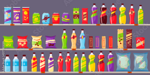 Snack set, fast food and drinks products on the shelves. Beverage bottles, sandwich in pack, soda and juice for supermarket. Food store elements for market design, cartoon style vector