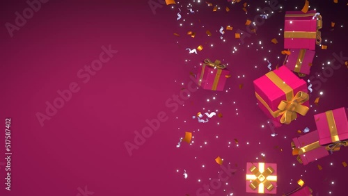 3d animation of falling gift boxes with ribbon and confetti. Video for birthday congratulation, New Year or Christmas celebration