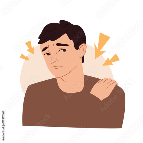 Worried or embarrassed young man. Sad male character. Sadness, sorrow, regret, mental disorder or llness concept. Vector flat cartoon style illustration.