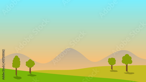 green field with tree and blue sky landscape scene 